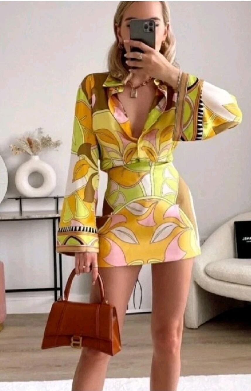 ZARA Printed Floral Mini Skirt Yellow Green High Waisted Size M Party Vacation